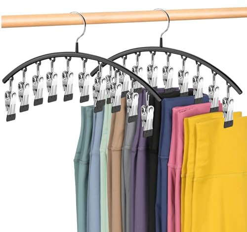DIRXVMC Trouser Hangers for Closet, Leggings Storage Metal Hanging Yoga Storage Organiser 2 Pack w/10 Clips Holds 20 Leggings, Trouser Holder Space Saving Hanging Closet Organizer