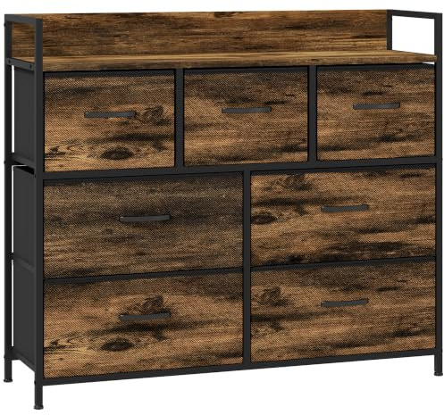 HOMCOM Kommode aus Stoff mit 7 Schubladen Ablage Schrank Rustikal-Braun | Aufbewahrungsschrank, Kommodenschrank mit Stahlgestell, für Schlafzimmer, Wohnzimmer