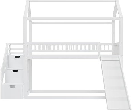 I0I&I0I Kinderetagenbett 90x200 cm Hochbett, Mit Rutsche und Stauraumleiter, Hohe Zaunkonstruktion, Massivholzbettrahmen, Lattenrost, Platzsparend und Sicher, Spiel- und Schlafbereich (Weiße)