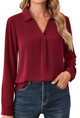 Beluring Shirt Damen Sexy V-Ausschnitt Langarm Tunika Bluse Einfarbig Basic Oberteile Weinrot M