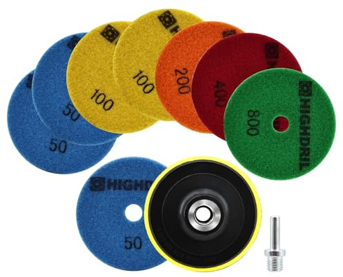 HIGHDRIL Disco Pulido Diamante Set - 8 Piezas 100mm Grano #50x3/100x2/200/400/800 Almohadilla Pulir Suelo + M14 Soporte Plástico + Adaptador para Abrillantar Mármol Granito Hormigón Piedra