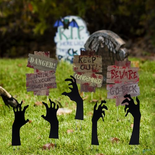 8PCS Halloween Yard Signs, Assorted Halloween Horror Props Garden Guide Lawn Sign Decorations Black Hands Stakes Props for Outdoor Yard Garden Lawn Patio Halloween Decor