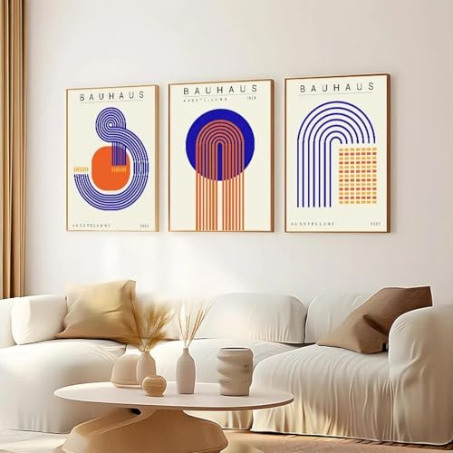 RDRDtbtr Bauhaus Blaue geometrische Linien Leinwandgemälde Abstrakte Wand Bilder Nordische moderne Poster Kunstdrucke Bild Wandbild für Wohnzimmer Dekor 50x70cmx3 Ungerahmt