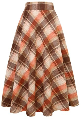Long Plaid Wool Skirt for Women Winter Fall Warm Elastic High Waisted A Line Flared Pleated Wool Tartan Skirts (Orange Brown, L)