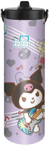 HOOKTA Kuromi Bouteille en acier inoxydable 590 ml avec poignée Kitty Bouteilles de sport avec paille Anti-fuite Gobelet réutilisable pour boissons (jouer de la guitare)