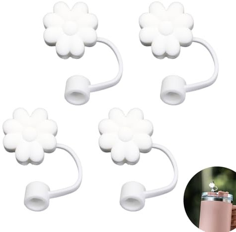 4Pcs Straw Cover Cap for Stanley Cup Accessories Silicone Flower Straw Covers Toppers for StanleyCups 30&40 Oz Tumbler 10mm Dust-Proof StrawToppers for Stanley Reusable Straw Lid White