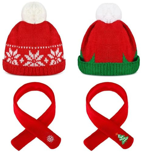 4Pcs Weihnachtspuppenmütze Puppen und Weihnachtsschal, Gestrickte Weihnachtsmütze und Weihnachtsschal, Weihnachtsmütze für Puppen, Weihnachten Accessoires (A