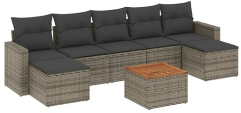 HETFTJN Dining Lounge Outdoor Gartensofa Gartenstühle Küchensofa - 8-TLG. Garten-Sofagarnitur mit Kissen Grau Poly Rattan für Schwimmbad Terrasse Balkon Garten