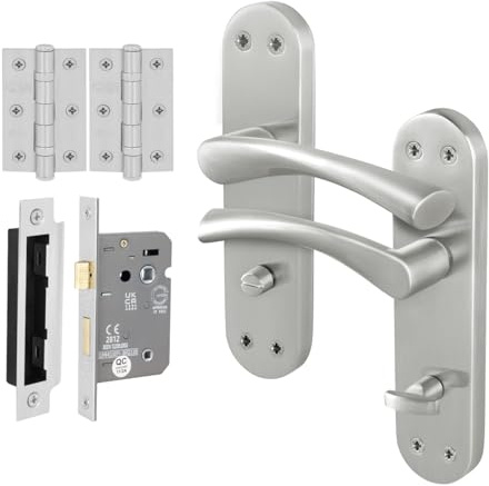 EAI Satin Nickel Door Handles with Bathroom Lock 64mm and Hinges - Novoli | Complete Bathroom Kit with 1 Pair of T-Bar Lever on Backplate Door Handles, 64mm Bathroom Lock, 76mm Hinges, Fixings Included