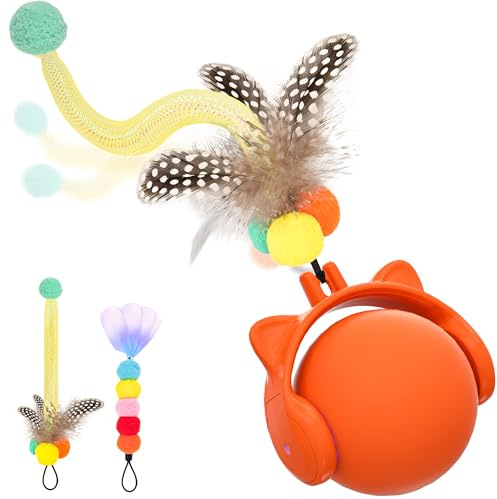 GoldenSun Giocattoli per Gatti, Palla Automatica Rotolante con Coda di Piume per Gatti da Interno, Giocattolo Attivato dal Movimento che Salta e Cinguetta, 3 Modalità Luce LED, Ricaricabile USB