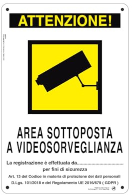 Cartello Segnaletico Attenzione Area videosorvegliata da. Alluminio Premium 20x30 cm – Made in Italy, Resistente Esterno, Stampa HD, Installazione Facile, Conforme Normative