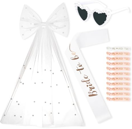 14-teiliges JGA Accessoires Set für Frauen - Brautschleier mit Clips, Bride to Be Schärpe & Herz Sonnenbrille mit Perlen für Junggesellenabschied, Bachelorette Party, Hochzeitsfotografie & Dekoration