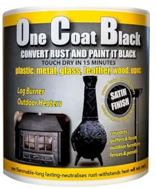 One Coat Black Paint Rust Converter Satin Finish- ideal for use on drainpipes, guttering, gates, vehicle parts, wood burners, plastic, PVC, glass, metal hinges, wood, brick, stone 1L