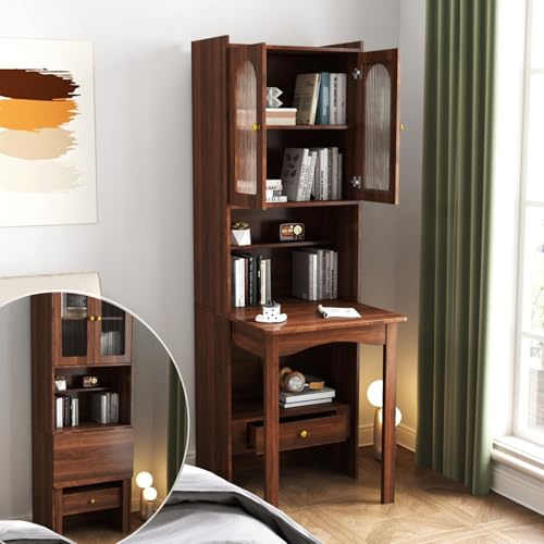 KEIKI Fold-Out Home Office Desks Writing Table with Glass Doors, Drawers, Bookshelf & Storage Shelves, Modern Wooden Convertible Workstation for Work, Study