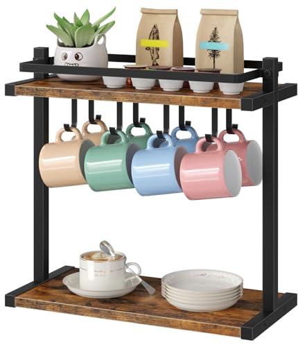 HOOBRO Tassenhalter, Tassenständer für 8 Tassen，Kaffeetassenständer mit offenem Fach, 2-stöckiges Tassenregal mit Haken, für Küche, Bar, Café, Vintagebraun und Schwarz EBF40TL01