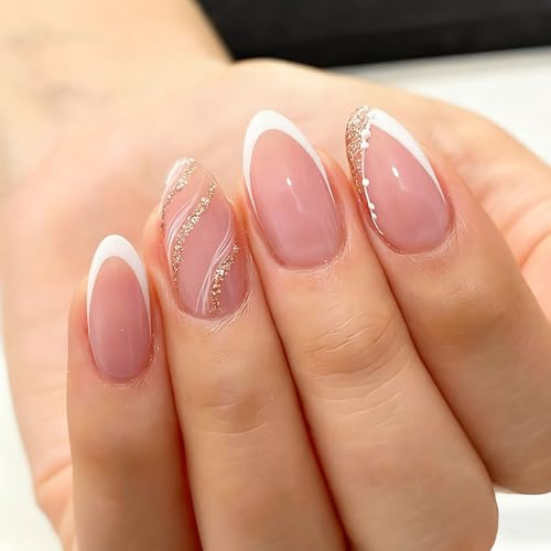 Ruispeed Ongles Press-on Courts en Amande, Faux Ongles Nude avec Pointe French Blanche et Design Minimaliste à Lignes Dorées, Surface Gel Brillante Ongles Acryliques, Kit Ongles Réutilisables