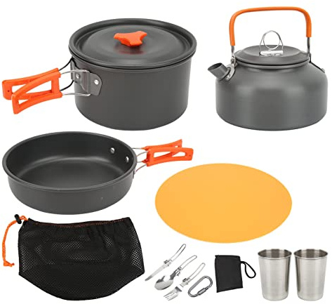Juego de utensilios de cocina para acampar, portátil, ligero, antiadherente, de aluminio oxidado duro, kit de cocina para exteriores con sartén, tetera, cubiertos plegables para (Naranja)