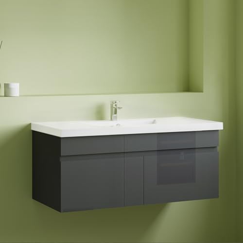 Aica Sanitär Waschtisch mit Unterschrank 100cm Bergen Badmöbel Set Hochglanz Anthrazit Waschbecken mit Unterschrank MDF Softclose