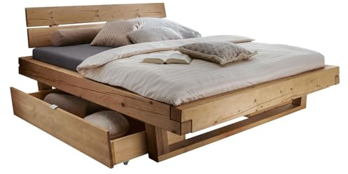 HOMELIV. Barup Balkenbett Massivholz 180x200 cm Fichte geölt Schubkästen Komforthöhe Naturholz Kufenbett, Belastbarkeit: 200kg, Bettgestell
