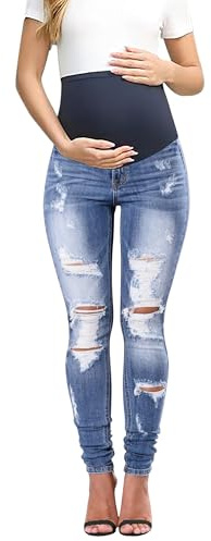 Fengbay Jeans premaman da donna sopra il pancione, in denim elasticizzato, strappati, vestibilità aderente, pantaloni premaman casual, Azzurro, M
