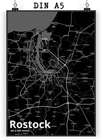 Mr. & Mrs. Panda Bild Rostock DIN A5 - Geschenk, Stadt Dorf Karte Landkarte Map Stadtplan, drucke, wanddeko, Kunstdruck, Plakat, Wandbild