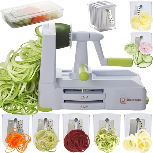 Brieftons 7-Klingen-Spiralschneider: Stärkster Gemüsespiralschneider, der beste Veggie-Pasta-Maker für Low Carb/Gluten-Frei, mit Klingenablage, Behälter, Deckel & 4 Rezeptbüchern als E-Book