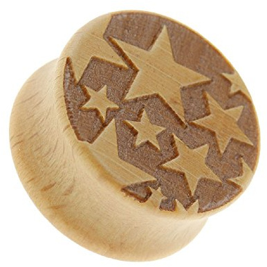 BlackAmazement Flesh Tunnel Plug Inlay Piercing Holz Wood Shiny Stars Sterne Herren Damen (20 mm - 1 Stück)