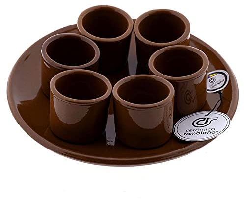 CERÁMICA RAMBLEÑA | Schnapsglas-Set | Schnapsgläser | Original Schnapsgläser | Rotes Lehm-Schnapsglas-Set x6 - inklusive Teller | 40 ml