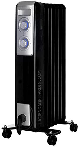 Riscaldatore ad olio con 7 elementi. Tre potenze di riscaldamento: 600 W - 900 W - 1500 W. Termostato regolabile