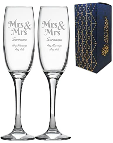 Personalised Engraved Wedding Champagne Glass Set with Mrs and Mrs, Any Message and Any Date, Two 7oz/207ml Custom Champagne Glasses, Engraved in The UK