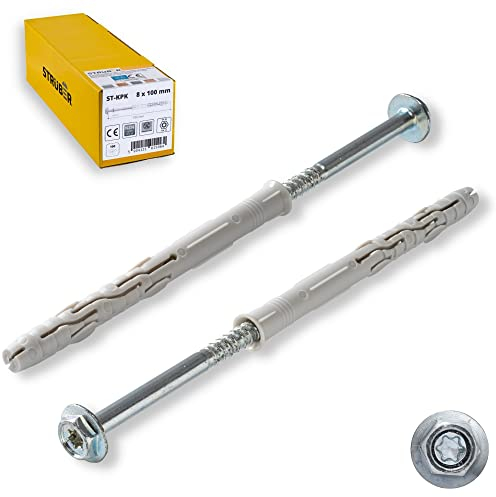 STRÜBER Rahmendübel mit Sechskantschraube & Scheibenkopf mit SW/TX-Buchse (10x300 mm / 25 Stück) Torx - Fensterrahmendübel - Langschaftdübel - Wandrahmenbefestigung - Nylondübel - ETA Zulassung