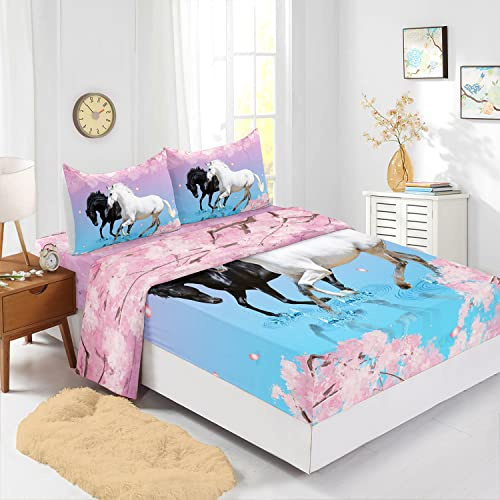 XYNHML Kids Horse Sheet Set Galloping Horse Printed Fitted Sheet 4Pcs Cherry Blossoms Petal Bedding Set 3D Wild Animal Bed Cover for Kids Boys Girls