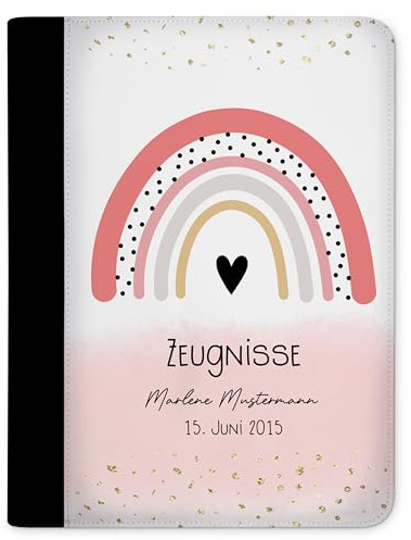 CreaDesign Zeugnismappe A4 mit Namen personalisiert – Regenbogen Rosa – für Mädchen – Dokumentenmappe Schule ohne Klarsichthüllen