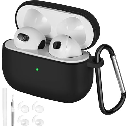 AXFEE Cover Compatibile con AirPods 3 2021 Custodia- Nero | con Kit di Pulizia e Moschettone, Case Protettiva Antiurto in Silicone Morbido per Apple AirPods 3 Generazione Custodia
