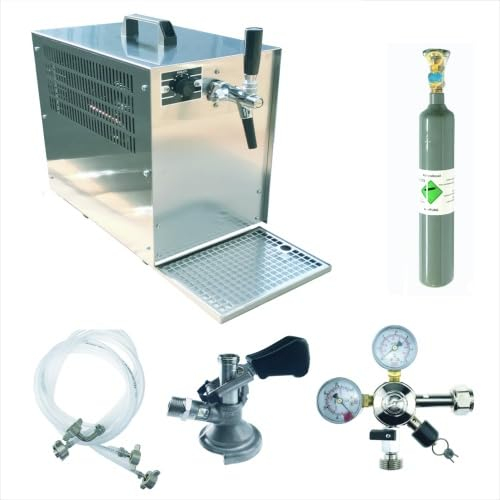 Bierzapfanlage, Bierkühler 60 l/h, komplett Set, 0,5kg CO2 Flasche, Flachzapfkopf Typ A, Kompensator