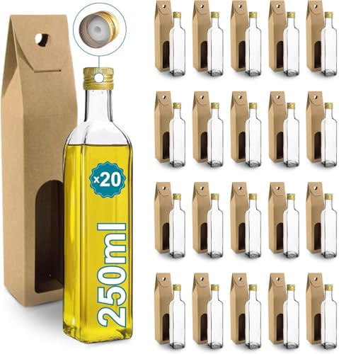 Espirito Rebelde 20 x 250 ml glasflaskor med guldskruvlock med pip + 20 lådor | olivolja, vinäger, alkohol, såser - | oljesök