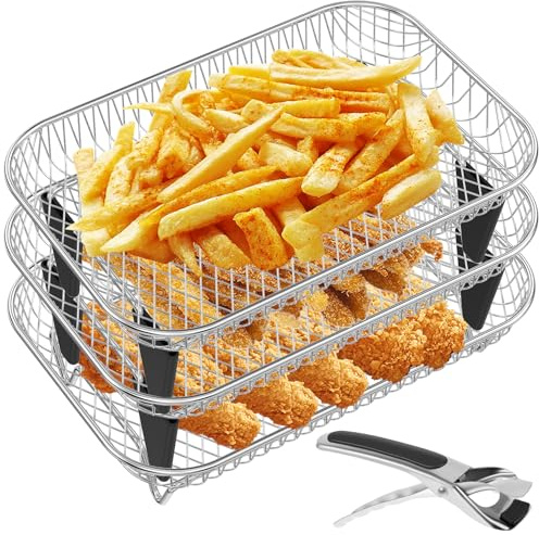 Air Fryer Rack for 3 Layers Stainless Steel Stacking Bacon Racks with 8 Silicone Feet 1 Clip Square Air Fryer Dehydrator Rack Air Fryer Accessories for Double Basket Air Fryer Oven (Square)