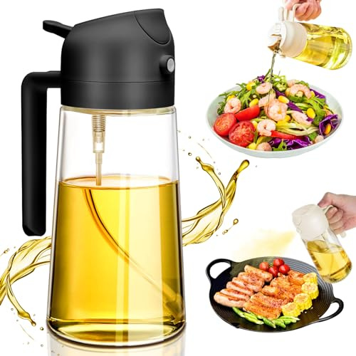 Oil Dispenser for Kitchen Spray: 2 in 1 Glass Oil Sprayer & Dispenser, 16.5oz Food Grade Spray Bottle for Kitchen Cooking, Oil Dispenser for BBQ Salad Baking Steak Air Fryer Grilling Roasting (Black)