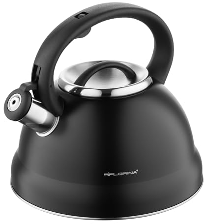 FLORINA Bollitore Acqua (2,5 l) I Bollitore per Tè in Acciaio Inox JACOB I Bollitore con Fischio Automatico I Manico in Bakelite I Teiera Induzione I Adatto a Tutti i Tipi di Fornello I Nero