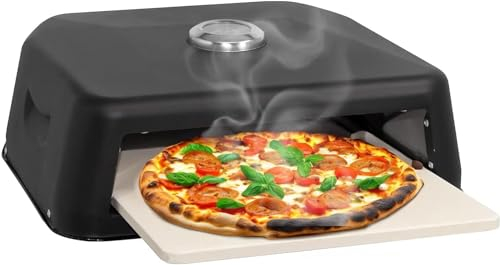 Trendi Grill Top BBQ Pizza Oven | Pizza Stone Included, for Electric, Charcoal & Gas Barbecue Grills – Temperature Gauge, Carry Handles – for up to 12” Pizzas | Pizza, Naan Bread, Meat, Fish & Veg