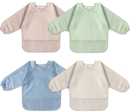 POIKSHARK 4 Pack Long Sleeve Bib, Waterproof Sleeved Smock for Baby Boy or Girl, Toddler Full Sleeve Bib Outfit, Reusable Bibs with Pocket, Fits Ages 6-24 Months