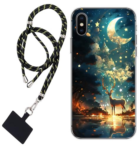 WUACYEAMING Hülle für iPhone X/XS,Mode Chic Muster Ultra Dünn TPU Silikon Schutzhülle Slim Case Cover Mondhirsch Wald+1*Tragbares Universal-Lanyard