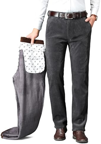 ziilay, Pantaloni in corduroy da uomo invernali, foderati con super morbido pile, stretch, pantaloni da neve, grigio scuro, 31W x 30L