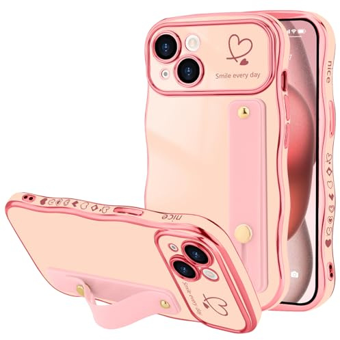 LLZ.COQUE Coque pour iPhone 13 Ondulée en TPU Silicone, Coque avec Bracelet Motif Coeur d'amour Mignon, Étui Housse Galvanisé Forme Ondulée Bouclée avec Protection de Caméra pour iPhone 13,Rose