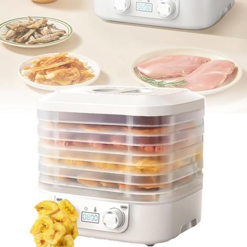 QIeAny 5 Tray Food Dehydrator, Electric Fruit Dryer, 360° Circulating Hot Air, 1-48 Hours Timing + 35-70℃ Temperature Control, LED Screen, With Removable Network Disk, Dried Fruit,White