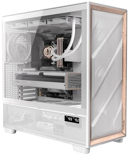 Antec Flux Pro White, 6 x PWM Fans Included, High-Airflow Front Panel with Birch Wood, iShift PSU 90° Mount, USB3.0 x 2, Type-C, 420mm Radiator Support, Temp. Display, Full-Tower E-ATX PC Case