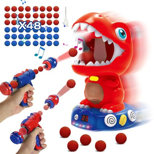 WDKXCN Moveable Dinosaur Shooting Toys, Dinosaur Games for Kids with Spraying, 2 Pump Gun, 48 Balls, Score Record, Halloween Christmas Children's Birthday Gift