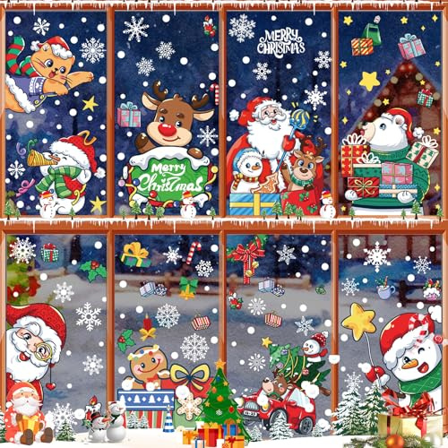 Noël Autocollants Fenetre Reutilisable, Decoration Noel Fenetre, Stickers Noel, Autocollant Deco PVC Double Impression, Amovibles, Père Noël, Wapiti, Flocon de Neige