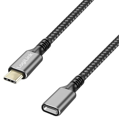 LogiLink CUA0108 - USB 3.2 Gen2 Typ-C Verlängerungskabel mit PD Unterstützung (PowerDelivery), Farbe: Schwarz/Grau, Kabellänge: 1m