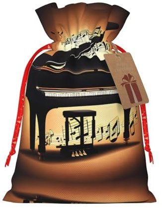 HJLUUFT Jutebeutel mit Klavier-, Violinen- und Musiknoten-Druck, Weihnachtsgeschenktasche mit Kordelzug und Geschenkanhänger, Hochzeit, Weihnachten, Partygeschenk